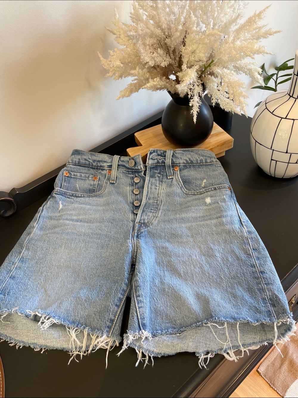 Levi's 501 Light Blue Distressed High-Rise Jean Shorts